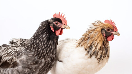 Close Up of Two Hens with Varied Feather Patterns on White Background