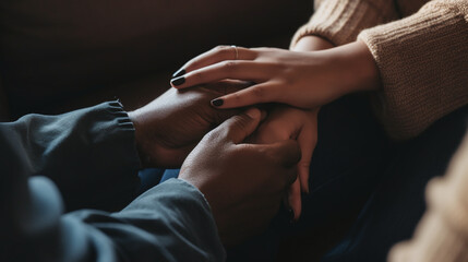 Obraz na płótnie Canvas Close Up of Multiracial Couple Holding Hands Showing Affection and Support with Warm Toned Filter