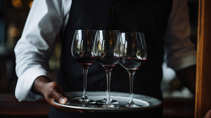 Professional Waiter Serving Red Wine Glasses on Tray in Elegant Restaurant Setting