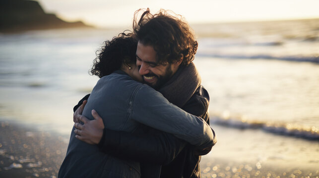 Loving Couple Embracing on Beach at Sunset Warm Affectionate Hug Sea Background