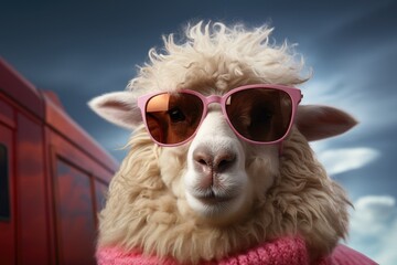 charming sheep wearing pink stylish sunglasses. Blue sky on the background.