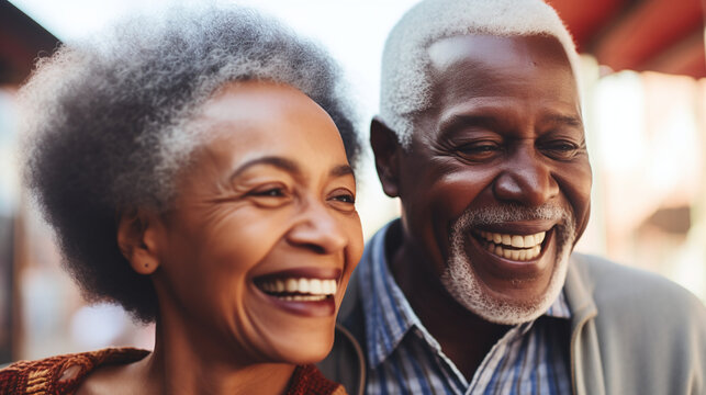 Joyful Senior African American Couple Laughing Together Enjoying Retirement Life Outdoors