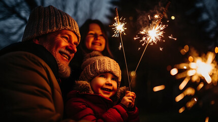 Happy Family Enjoying Sparklers in Winter Evening Outdoors Celebration Festive Mood Warm Knitwear Smiling Faces