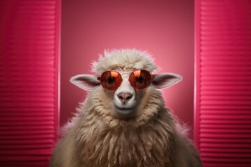 charming sheep wearing pink stylish sunglasses. The soft pastel background enhances the whimsical and fashionable vibe of the image.