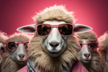 Fototapeta premium charming sheep wearing pink stylish sunglasses. The soft pastel background enhances the whimsical and fashionable vibe of the image.