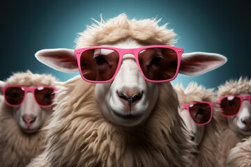 Charming sheep wearing pink stylish sunglasses. Other sheeps on the back and blue background.