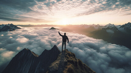 Silhouette of a person on a mountain top above the clouds - obrazy, fototapety, plakaty
