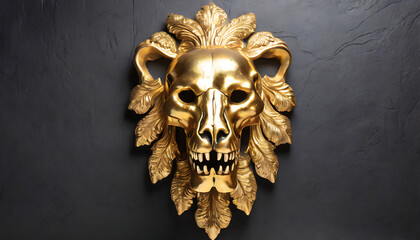 Posh gold lion skull on black wall photo with studio light product.