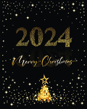 Christmas Tree and with inscription Merry Christmas 2024. Elegant Card Template with Gold Shining Fir. Pine with Stars. Luxury Design. Vector illustration