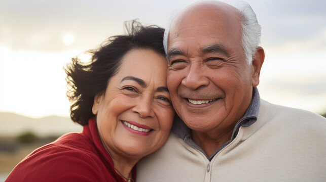 Happy Elderly Couple Embracing in a Warm Sunset Light Outdoor Setting