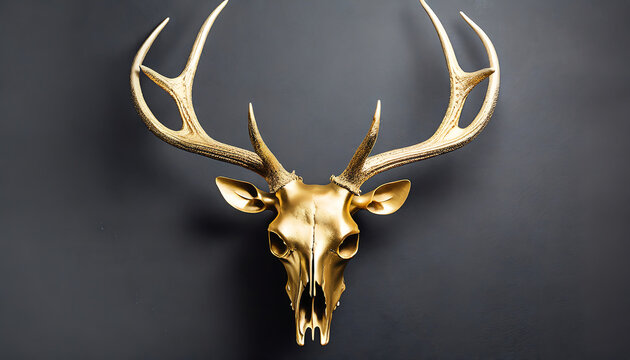 Posh gold deer skull on black wall photo with studio light product.