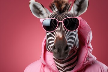 Obraz premium zebra wearing a pink and white striped hoodie and oversized sunglasses, set against a vivid pink backdrop. 