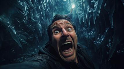 Scared man in a claustrophobic ice cave in the winter - obrazy, fototapety, plakaty
