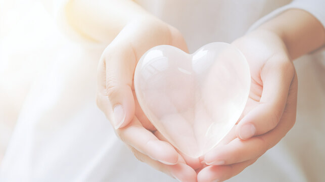 Loving Hands Holding Transparent Heart Symbol with Warm Light Overlay