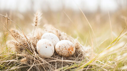 Obraz premium Bird Eggs Nestled in Natural Grass Nest Soft Light Warm Nature Background