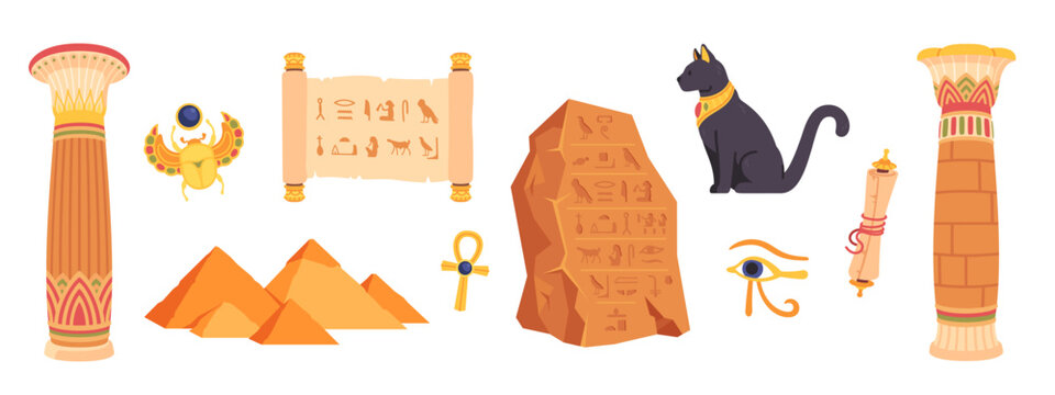 Ancient Egyptian papyrus scroll, pillar, rock set. Egypt pyramids, Wadjet Eye, scarab, Bastet cat, ankh Coptic cross, hieroglyphs on old tomb stone board. Archeology, history flat vector illustration