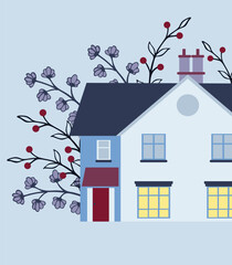 Wonderland background for card. Winter house. Flat vector illustration isolated on white background.
