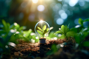 Light bulb with plant in nature, sustainable development and responsible environmental ecology concept.
