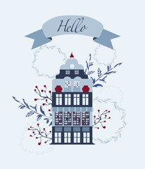 Winter house. Flat vector illustration isolated on white background