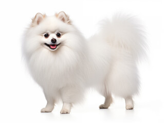 Obraz premium Purebred snow-white dog of the Spitz breed full-length. Isolated on a white background.