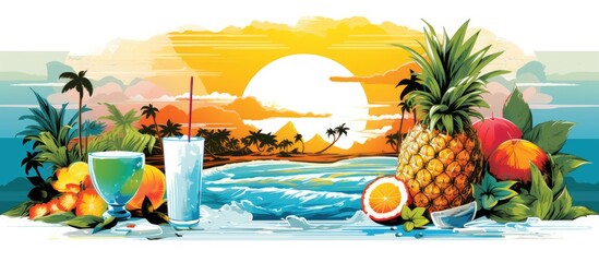 The iconic design of the illustration showcases a vibrant summer scene, with a white isolated background highlighting the tropical beach and nature elements as well as a party ambiance. The menu