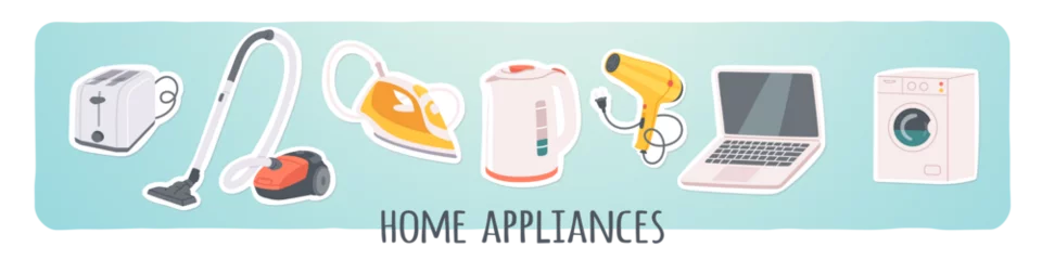 Foto op Plexiglas Electrical home appliance sticker set. Electronic laptop computer, washing machine, vacuum cleaner, iron, kettle, toaster domestic kitchen equipment. Household collection flat vector illustration © iconicbestiary