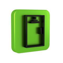 Black Shower cabin icon isolated on transparent background. Green square button.