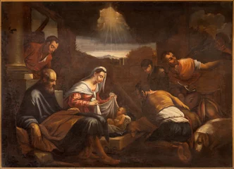 Tuinposter VICENZA, ITALY - NOVEMBER 6, 2023: The painting of Adoration of Shepherds in Basilica dei Santi Felice e Fortunato by unknown artist. © Renáta Sedmáková