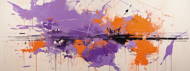 Fototapeta na wymiar Abstract Painting with Purple and Orange Splatters and Brush Strokes