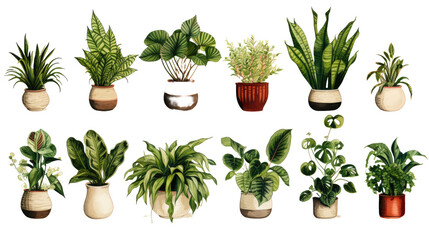 Collection of various houseplants displayed in ceramic pot isolated on transparent background