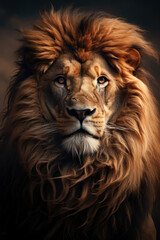 Adult Lion king portrait on dark background. Created with Generative AI