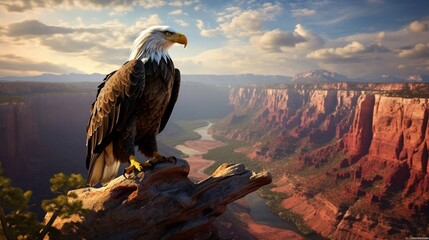A bald eagle majestically perched atop a cliff, surveying the vast expanse of a rugged canyon below, its keen eyes searching for prey.