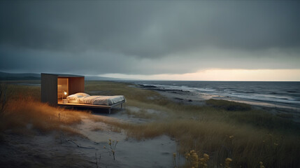 Bed with cozy light on the beach near the ocean. Coastline with sand dunes and wild grass in twilight.