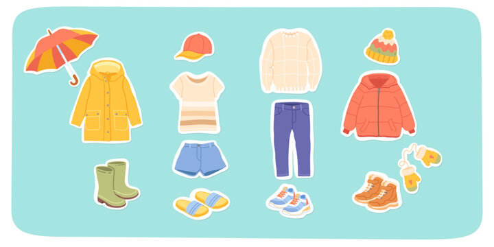 Autumn, winter, spring, summer kids clothes set. Casual jackets, jeans, t-shirt, shoes, sweater, shorts, cap, hat clothing apparel stickers. Season garment, trendy fashion flat vector illustration