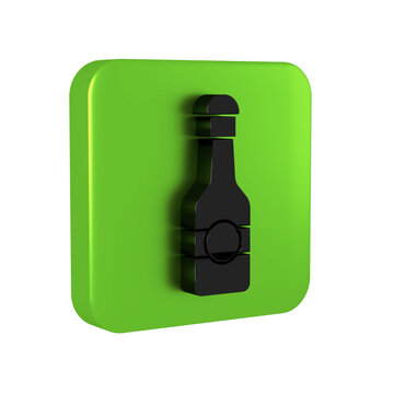 Black Champagne bottle icon isolated on transparent background. Merry Christmas and Happy New Year. Green square button.