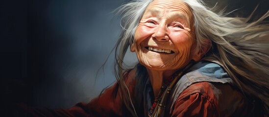 The old woman's dark, long hair framed her face in a vibrant portrait, as she wore an attractive smile of happiness, radiating glee and contentment at thirty years of age.