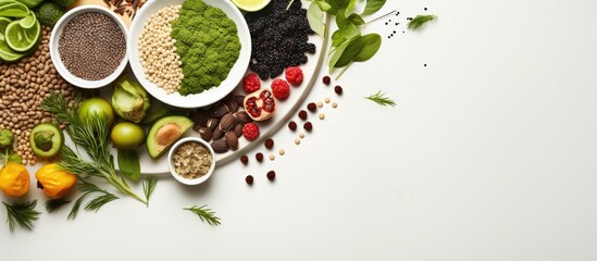 On a white background, a healthy and organic plate of food is seen, with a variety of textures from grains, legumes, and seeds, all in natural and green shades, contributing to a nutritious diet.