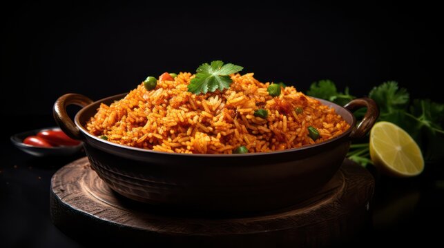 tasty traditional nigerian jollof rice on black wooden table 