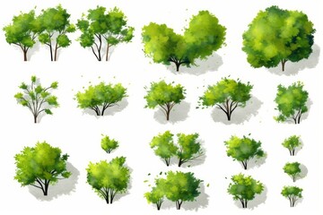set of green grass,  of abstract watercolor tree top view isolated on white background for landscape plan and architecture layout drawing, elements for environment and garden, Generative AI 