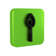 Black Burning match with fire icon isolated on transparent background. Match with fire. Matches sign. Green square button.