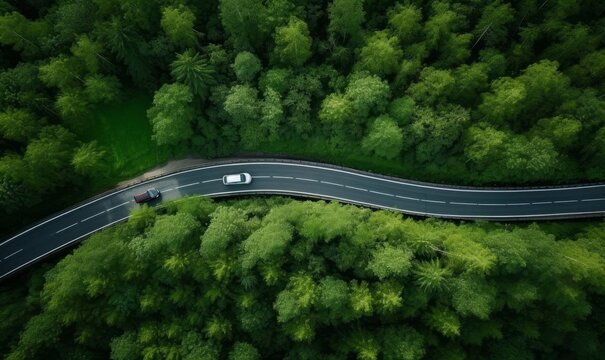 Aerial view green forest with car on the asphalt road, Car drive on the road in the middle of forest trees, Forest road going through forest with car, Generative AI 