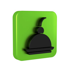 Black Cherry cheesecake slice with fruit topping icon isolated on transparent background. Green square button.