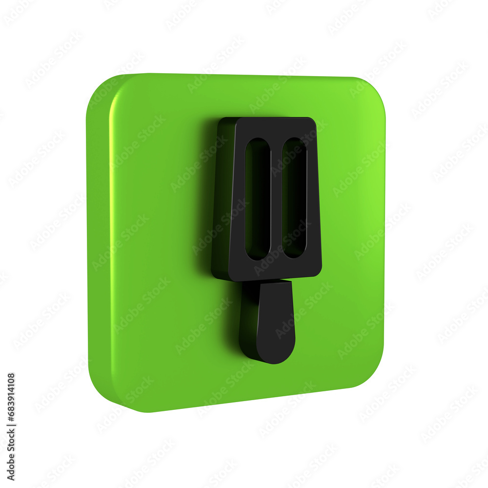 Poster black ice cream on stick icon isolated on transparent background. sweet symbol. green square button.