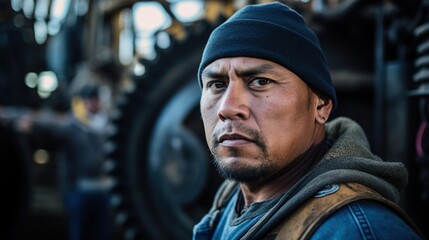 Native American indigenous mechanical engineer working on Industry Manufacturing machinery Factory. Diversity, quality control, repair, safety first concept