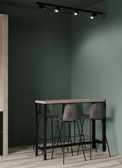 Dinning area in green colors. Black and dusty green, wooden details. Tall table and bar stool. Minimalistic room with empty walls. Menu template or blank invitation. 3d rendering 