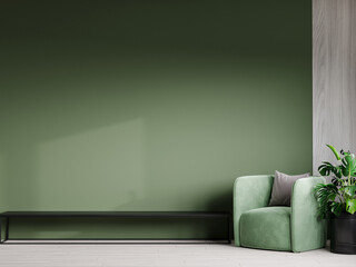 Livingroom or business lounge in deep green colors. Combination jade olive and black. Empty wall mockup - paint background and rich set furniture. Luxury interior design reception room. 3d rendering 