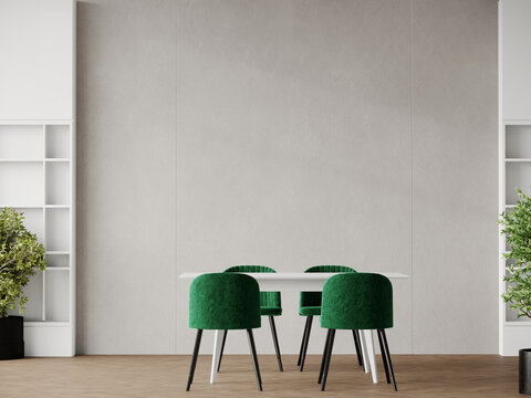 Living room with bright emerald green accent chairs. Taupe plaster decorative stucco on the wall of microcement texture. Mockup interior design dinningroom home or restaurant. 3d rendering 