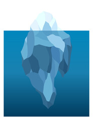 Iceberg floating in water. Arctic glacier. Futuristic polygonal illustration on blue background. Huge white block of ice drifts with massive underwater part