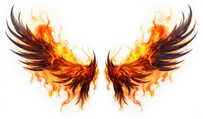 Wings of fire flames on a white background, isoleted, generative ai