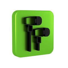 Black Air headphones icon icon isolated on transparent background. Holder wireless in case earphones garniture electronic gadget. Green square button.